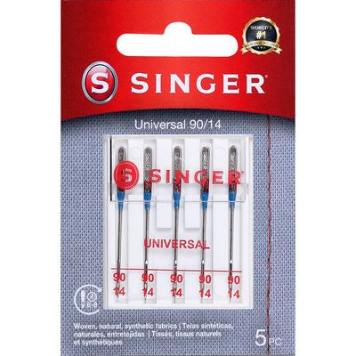 Singer Universal 90/14 sewing machine needles in a 5-pack, packaged on a red and gray card with the Singer logo.