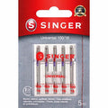 Singer Universal 100/16 sewing machine needles in a 5-pack, packaged in a red and gray retail card with a clear plastic window.