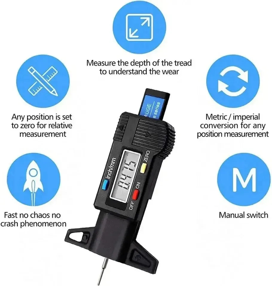 Digital tire tread depth gauge with features highlighted on a white background