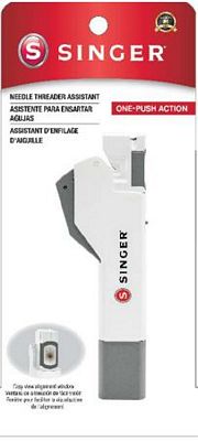 Singer needle threader assistant in white and gray, shown on its retail backing card with a red header.