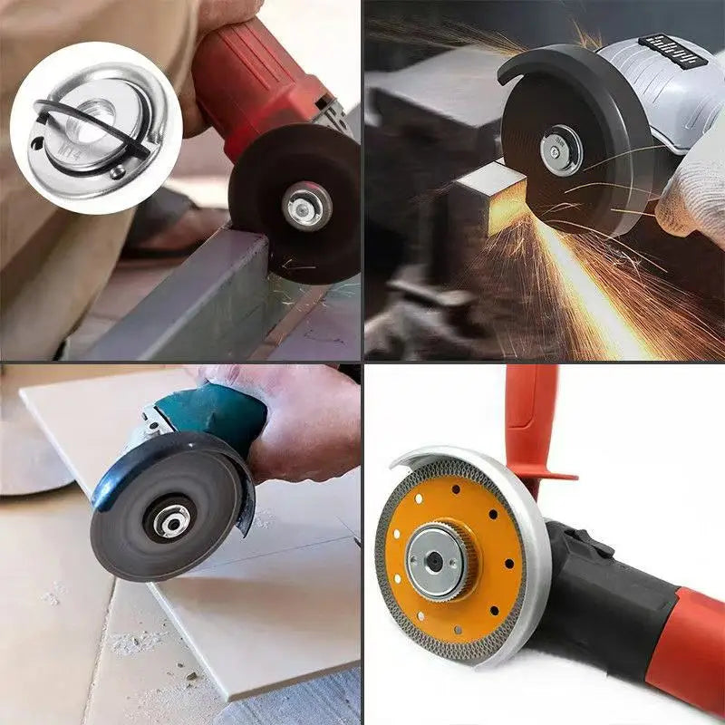 Collage of an angle grinder in use with close-up details on different types of wheels.