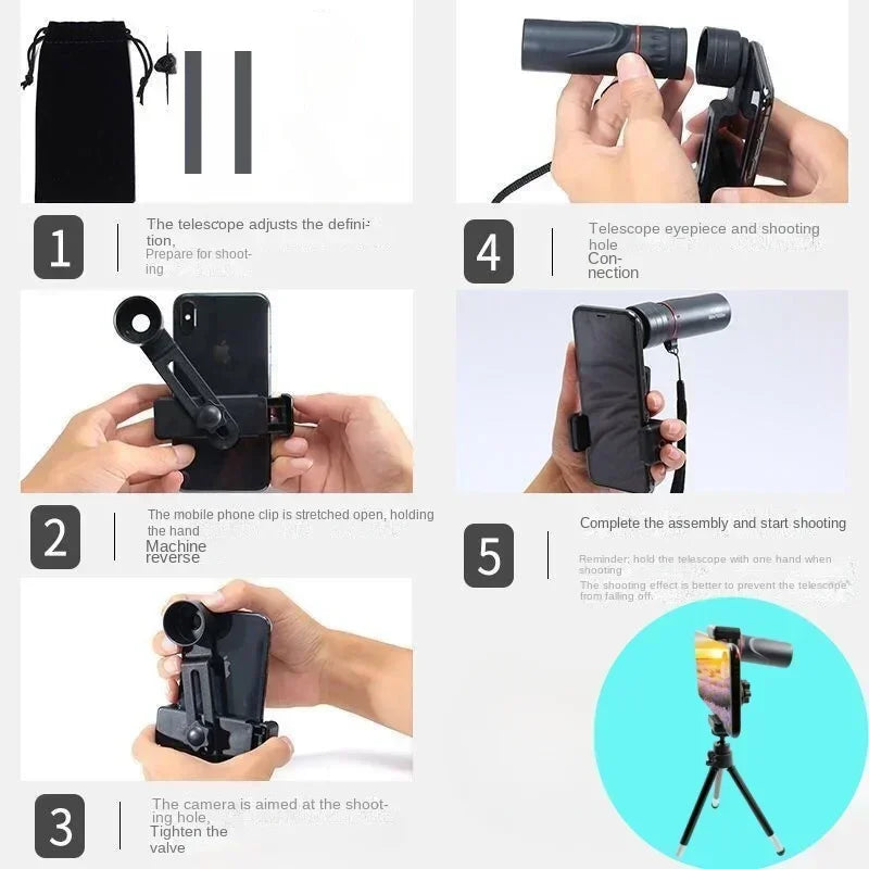 Step-by-step assembly instructions for a phone telescope attachment device.
