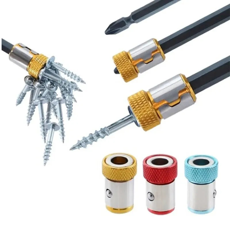 Set of screwdriver bits with different colored handles on a white background