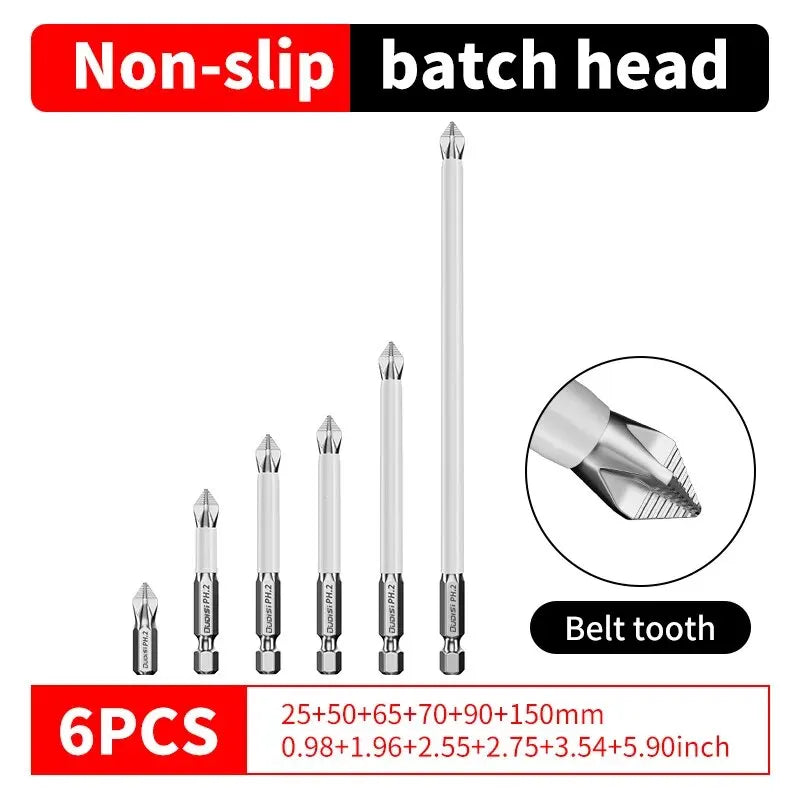 Set of six metal drill bits with non-slip batch head feature on a white background
