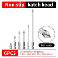 Set of six metal drill bits with non-slip batch head feature on a white background
