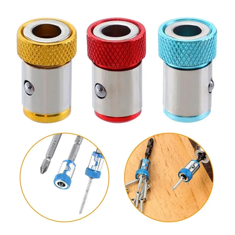 Three metal drill bit adapters in yellow, red, and blue with additional images showing their use.