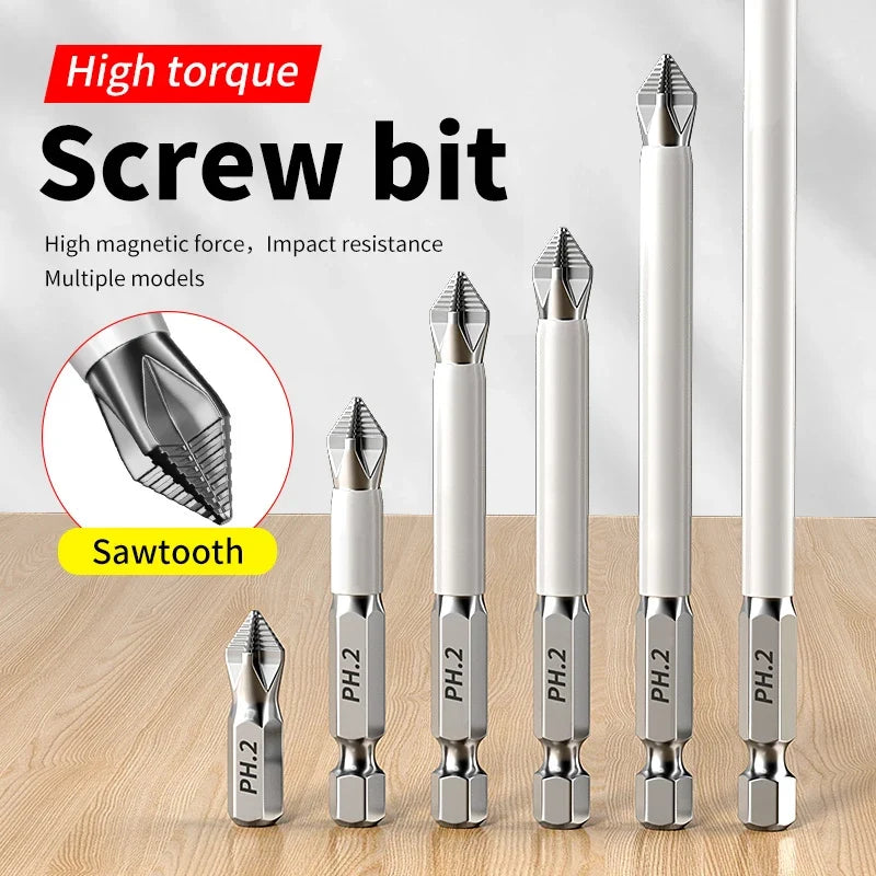 Set of screw bits with high torque and magnetic force on a wooden surface.