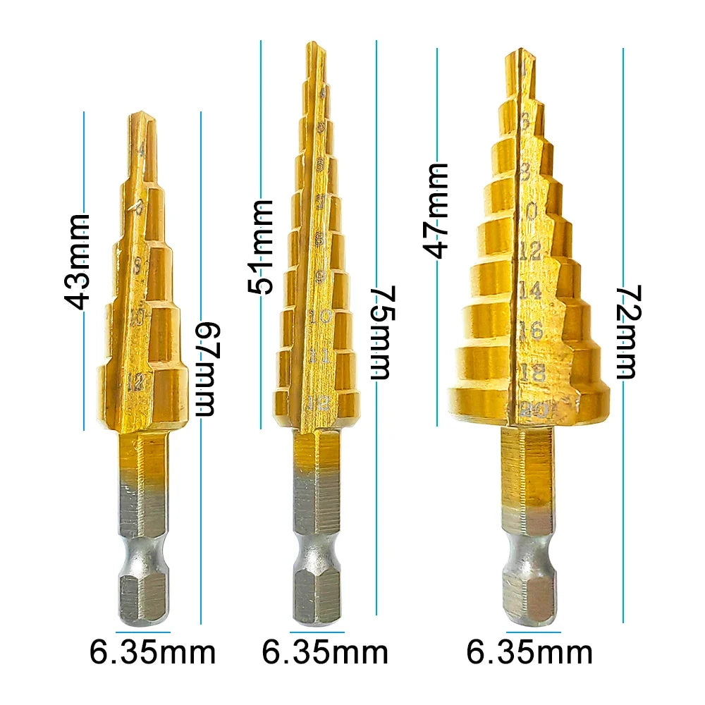 Set of three drill bits with measurements indicated on a white background
