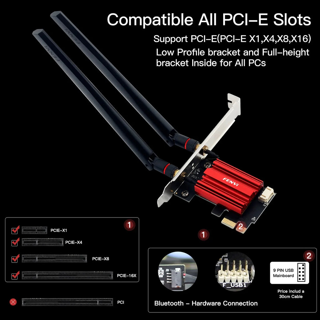 PCI-E expansion card with antennas on a black background