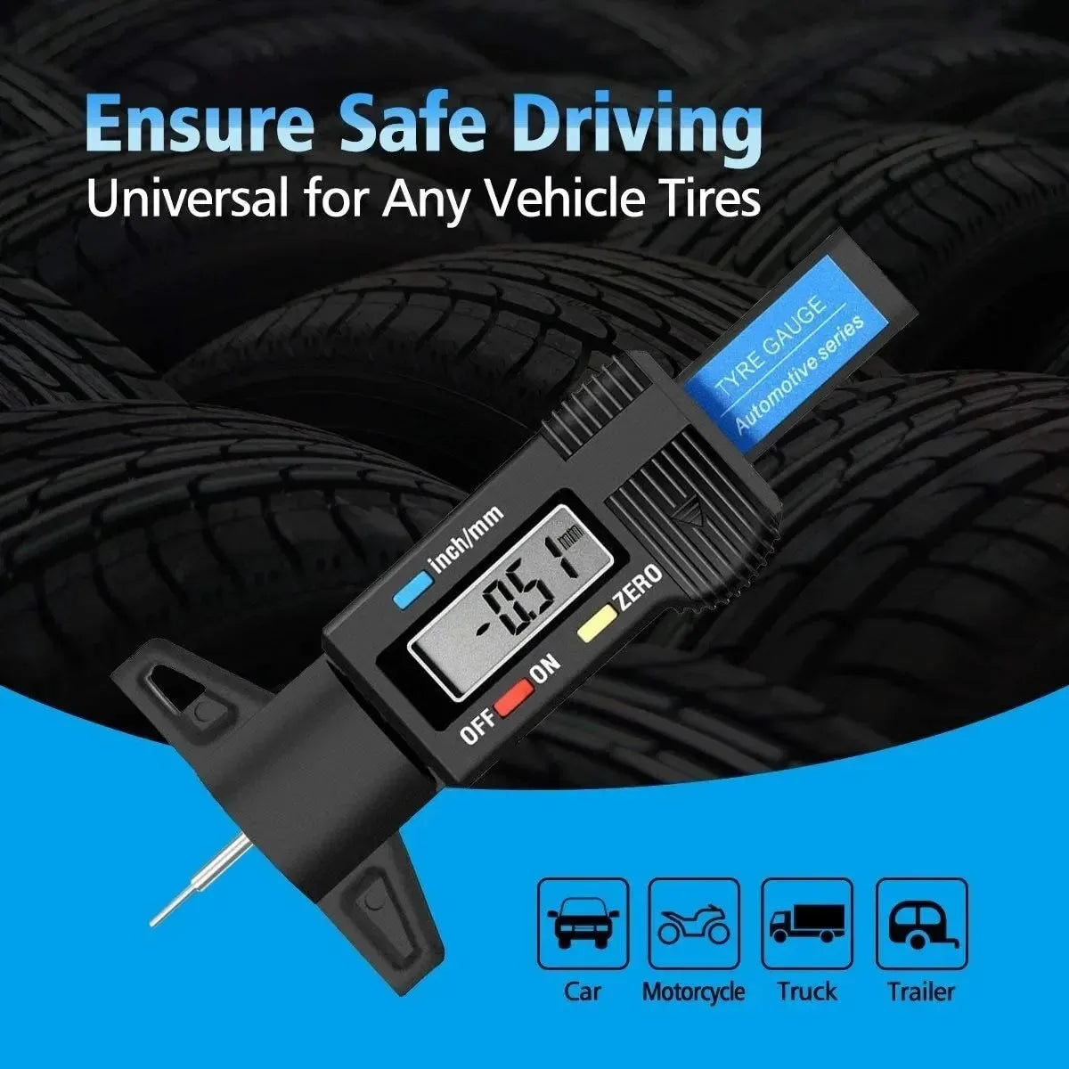Digital tire pressure gauge with tires in the background and text 'Ensure Safe Driving Universal for Any Vehicle Tires'.