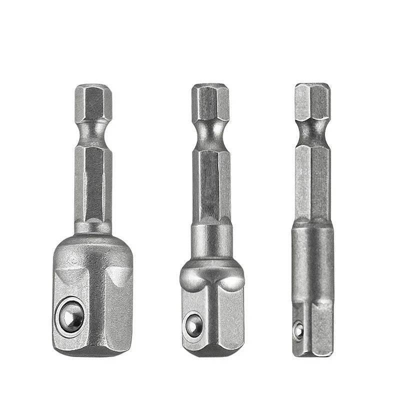 Three metal drill bits on a white background