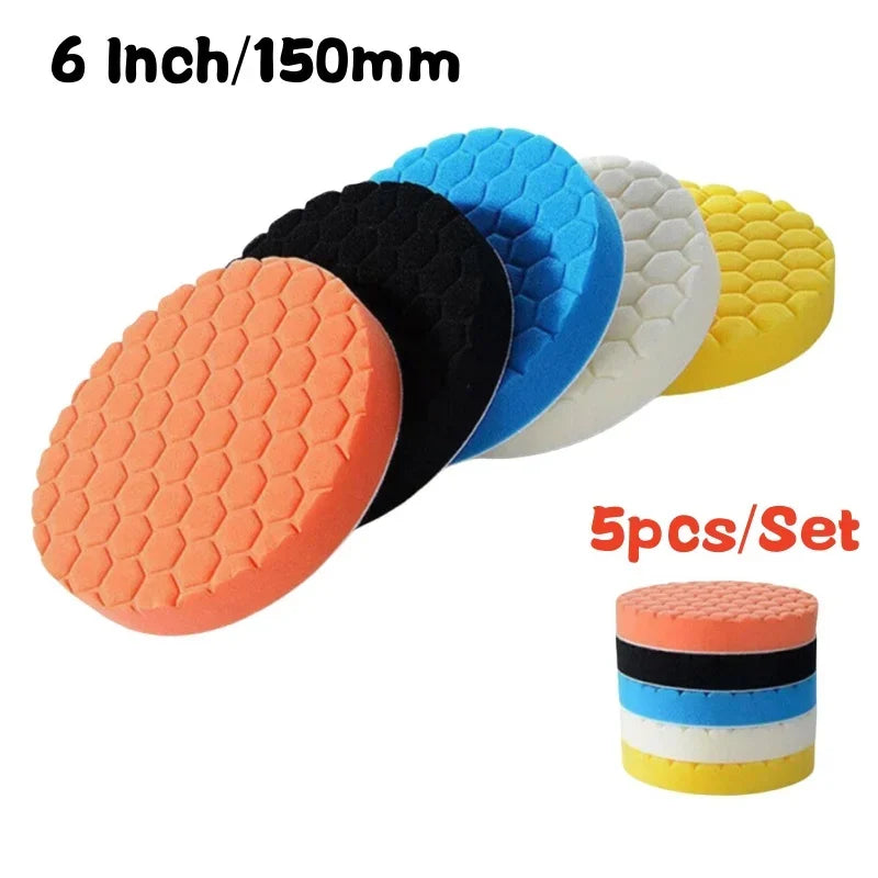 Set of five 6-inch/150mm foam polishing pads in various colors with a stack of pads below.