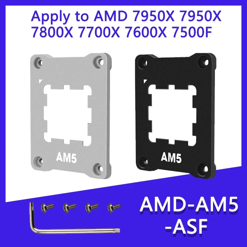 Two AM5 CPU socket adapters with screws on a blue background