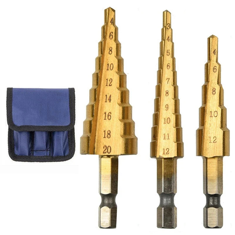 Set of three drill bits with a blue carrying case on a white background