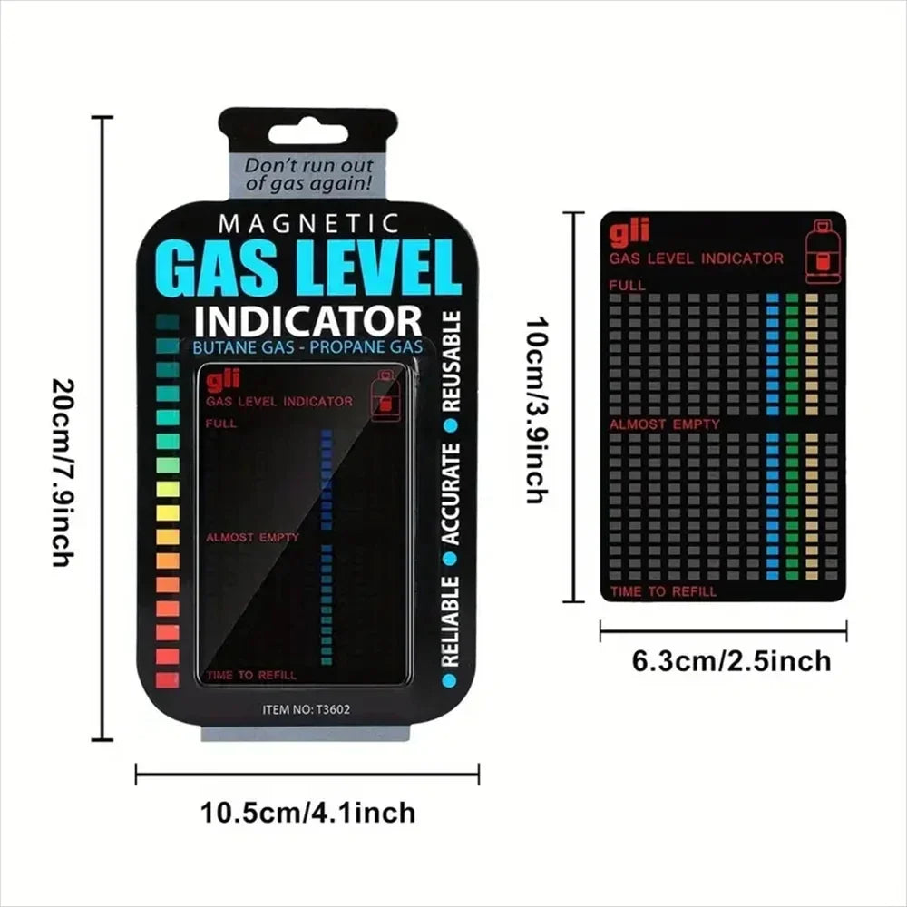 Magnetic gas level indicator with dimensions and branding on a white background