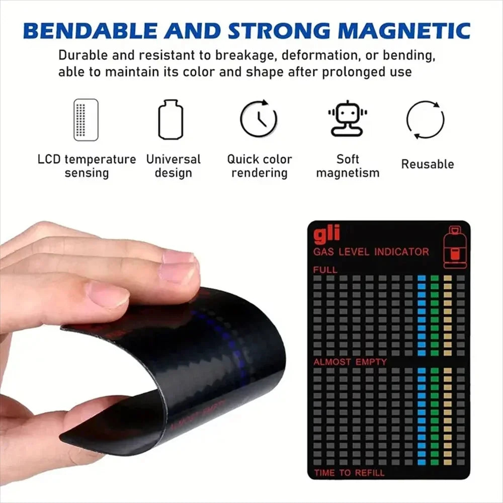 Bendable and strong magnetic gas level indicator with text highlighting features on a white background