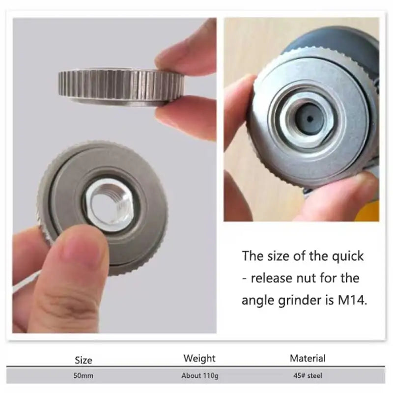 Metal quick-release nut for angle grinder held by a hand with size and material details.