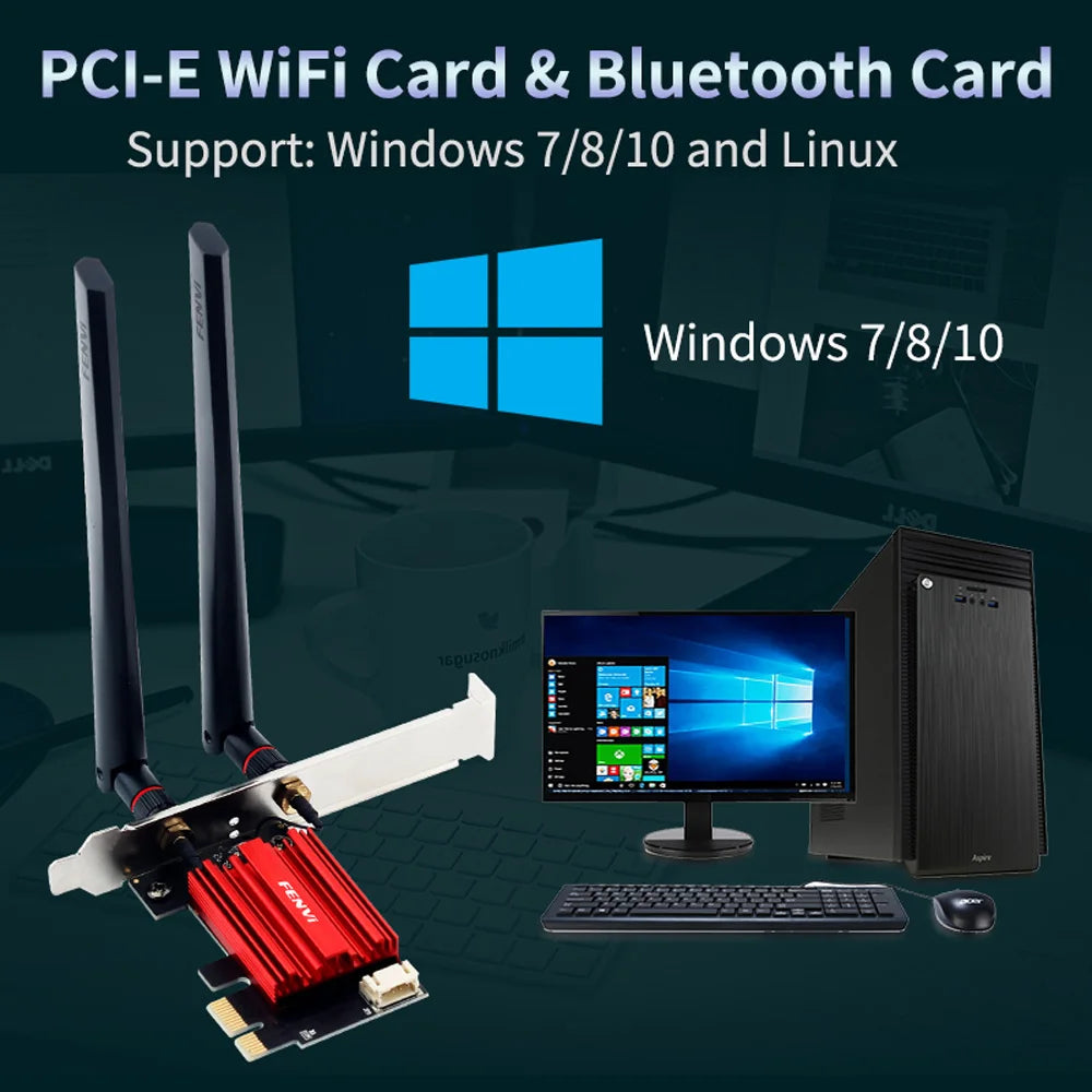 PCI-E WiFi card and Bluetooth card with Windows logo and operating system support text on a dark background.