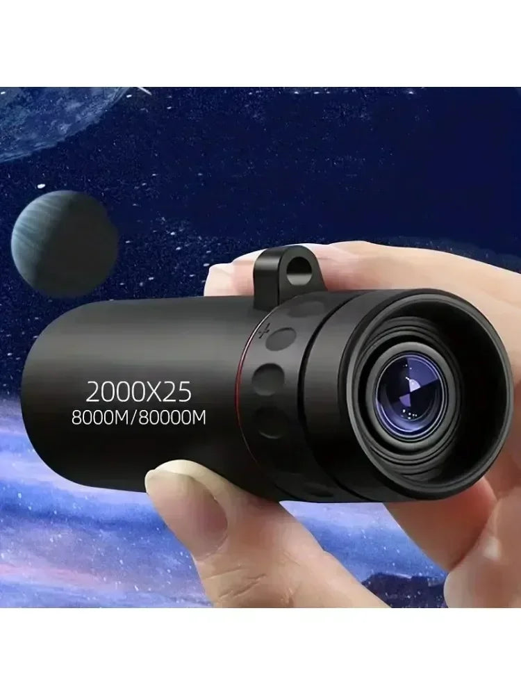 Hand holding a black monocular telescope with space-themed background
