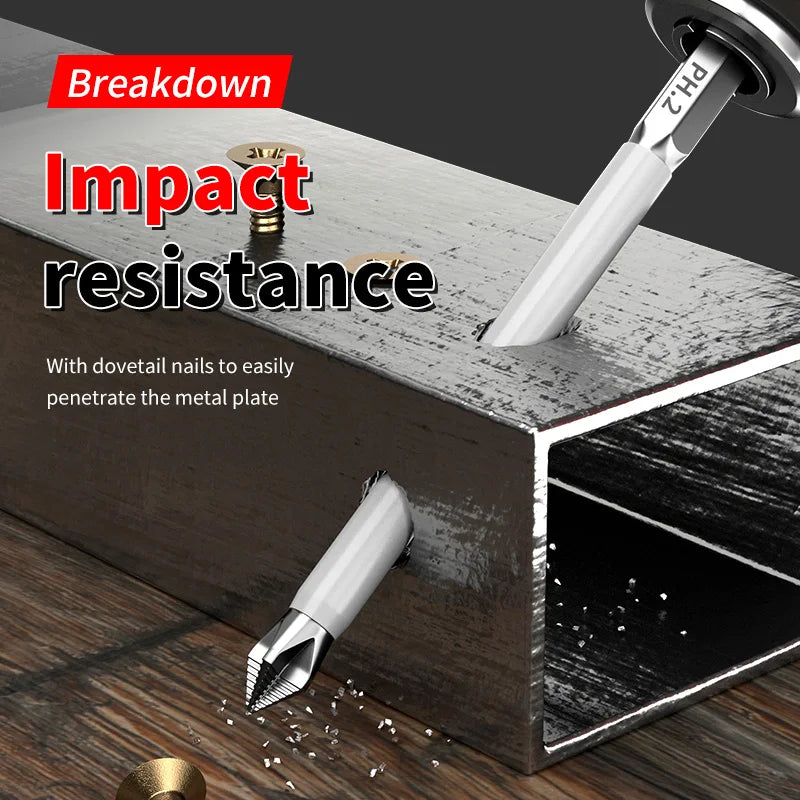 Nail being driven into a metal plate with text highlighting impact resistance.