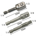 Three drill bits with measurements on a white background