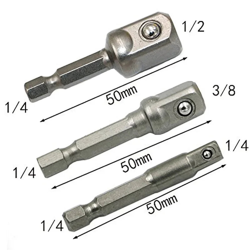 Three drill bits with measurements on a white background