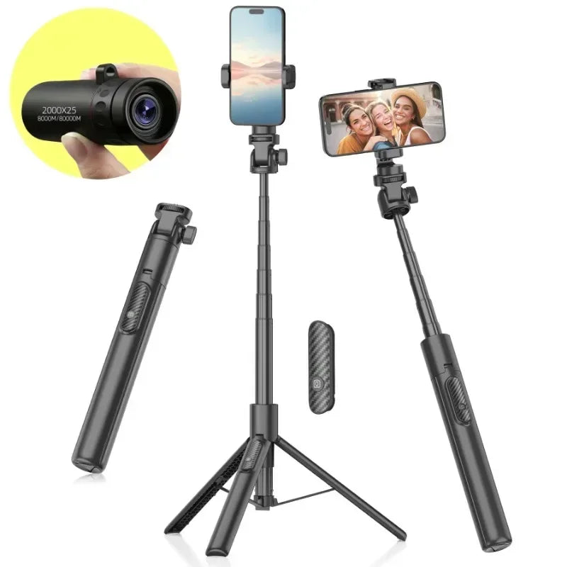 Black selfie stick with smartphone holder on a white background