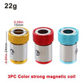 Three colorful magnetic coils with measurements on a white background