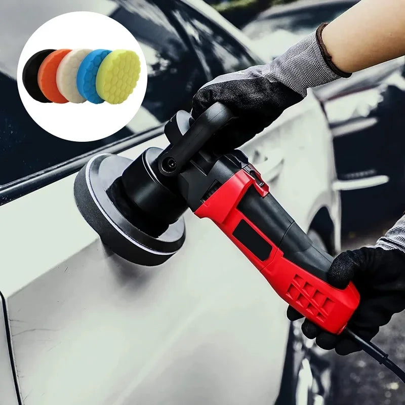 Person using a car polisher on a vehicle with inset showing different colored polishing pads.
