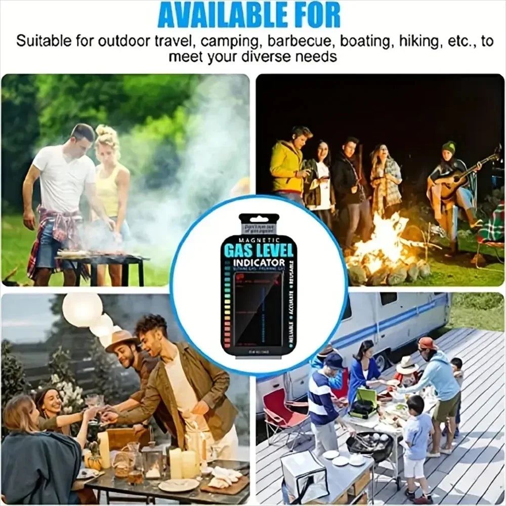 Gas level indicator suitable for outdoor activities with people around a campfire and at a barbecue.