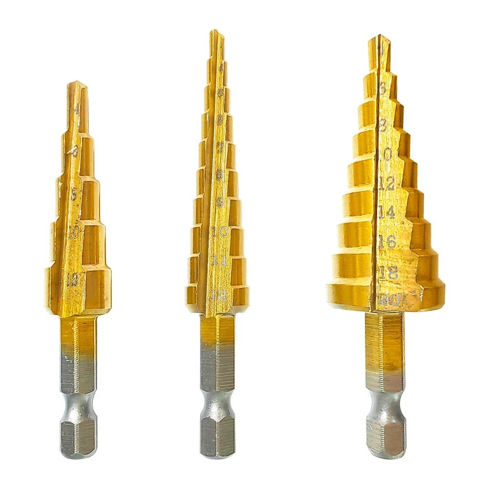 Three gold-colored spiral drill bits with silver hex shanks, arranged side by side on a plain white background. The left bit is the smallest, and the right bit is the largest, with size markings visible on the fluted body.
