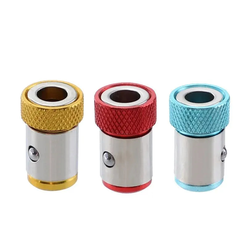 Three metal connectors in gold, red, and blue on a white background