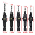 Set of six drill bits with measurements on a white background