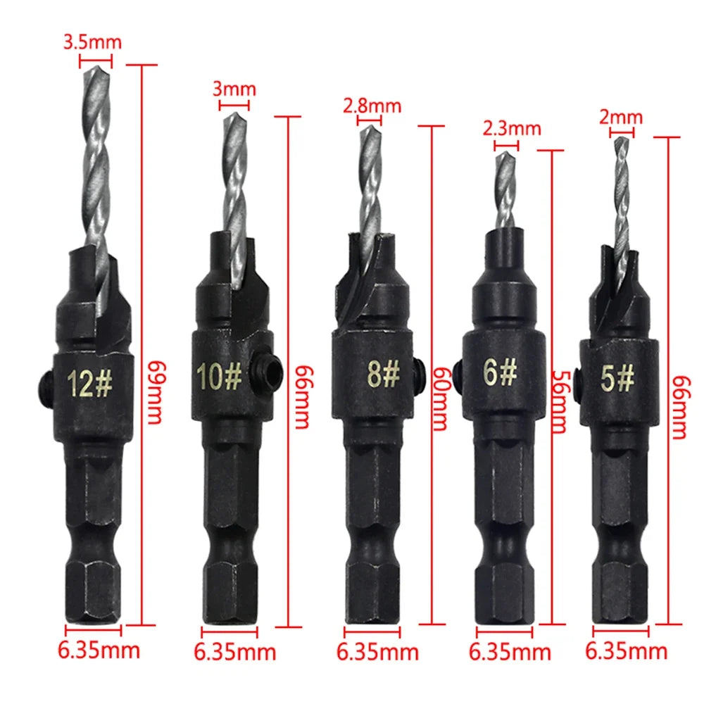 Set of six drill bits with measurements on a white background
