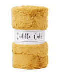 Roll of yellow  plush fabric with 'Cuddle Cuts' label on a white background