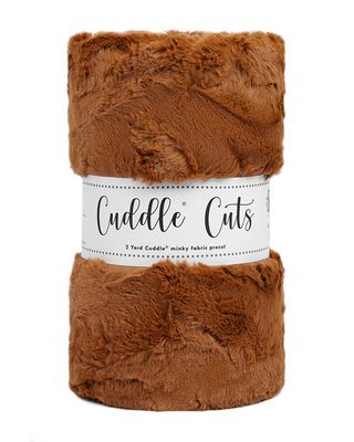 Brown plush fabric roll with 'Cuddle Cuts' label on a white background