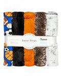A packaged set of six plush fleece strip farics from Shannon, featuring sports-themed patterns including basketball, soccer, and marbled textures in blue, black, orange, brown, white, and gray.