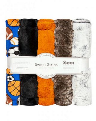 A packaged set of six plush fleece strip farics from Shannon, featuring sports-themed patterns including basketball, soccer, and marbled textures in blue, black, orange, brown, white, and gray.