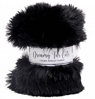 A roll of black faux fur fabric with a white paper label reading 'Dreamy Fur Cuts' and '1 YARD PRECUT FABRIC', shown on a plain white background.