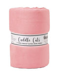A roll of dusty pink fleece fabric with a paper label reading 'Cuddle Cuts' and '3 YARD PRECUT EXTRA-WIDE FABRIC' on a white background.