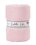 A folded light pink fleece blanket with a paper label band reading 'Cuddle Cats' and '3 YARD PRECUT EXTRA-WIDE FABRIC' on a white background.