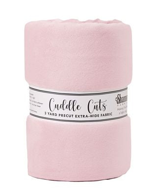 A folded light pink fleece blanket with a paper label band reading 'Cuddle Cats' and '3 YARD PRECUT EXTRA-WIDE FABRIC' on a white background.