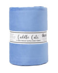 A roll of light blue precut fabric wrapped with a white paper label that reads 'Cuddle Cats' and '3 YARD PRECUT EXTRA-WIDE FABRIC'.