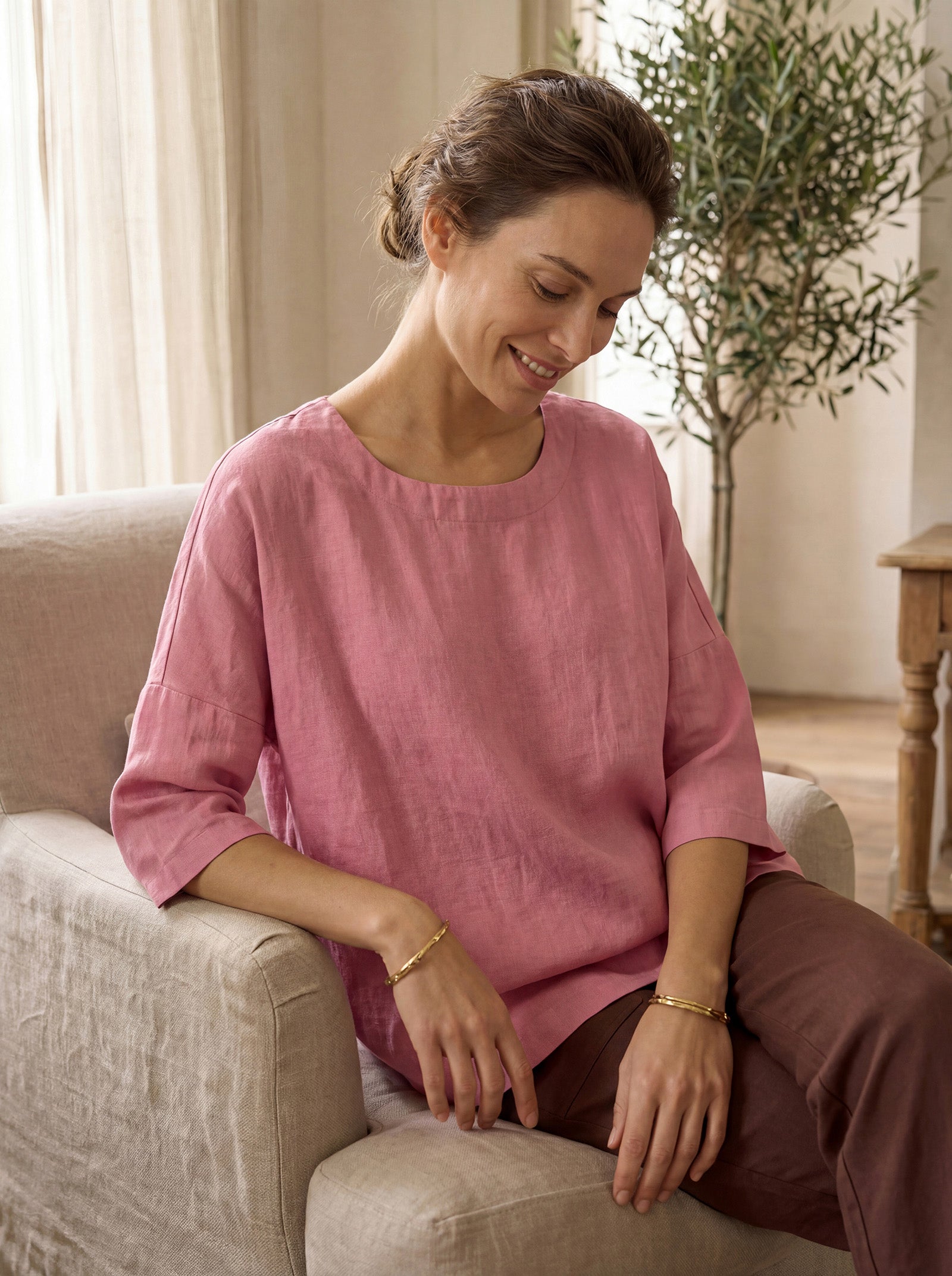 100% Linen Boatneck 3/4 Length Sleeve Top AURORA-LINTICO