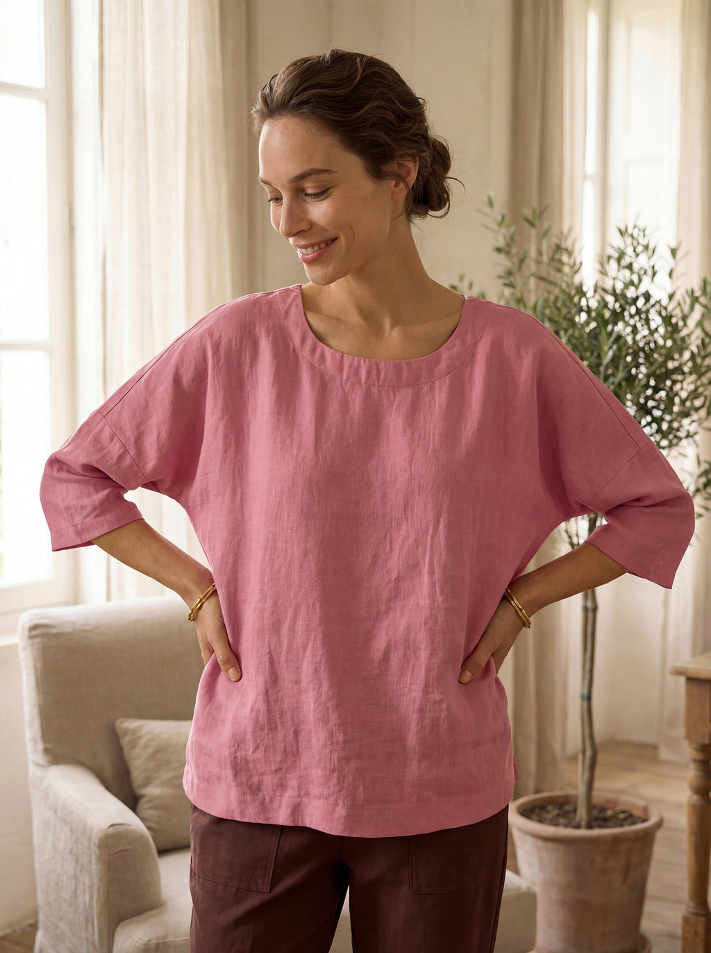 100% Linen Boatneck 3/4 Length Sleeve Top AURORA-LINTICO