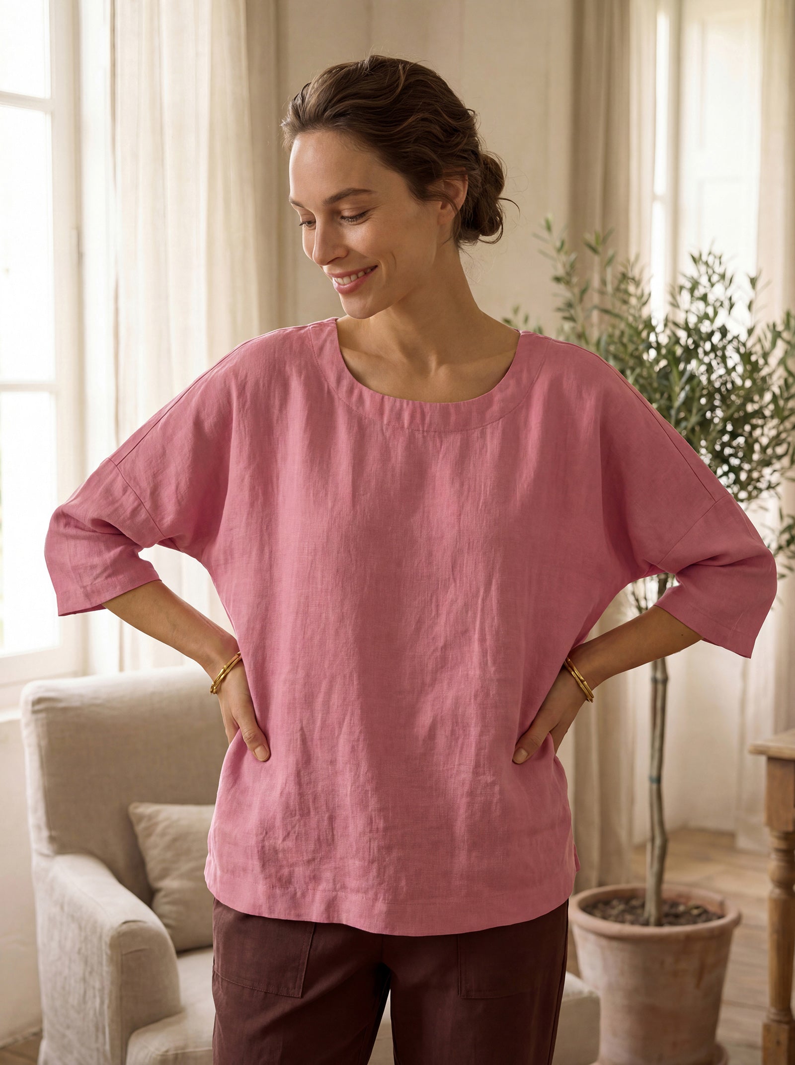 100% Linen Boatneck 3/4 Length Sleeve Top AURORA-LINTICO