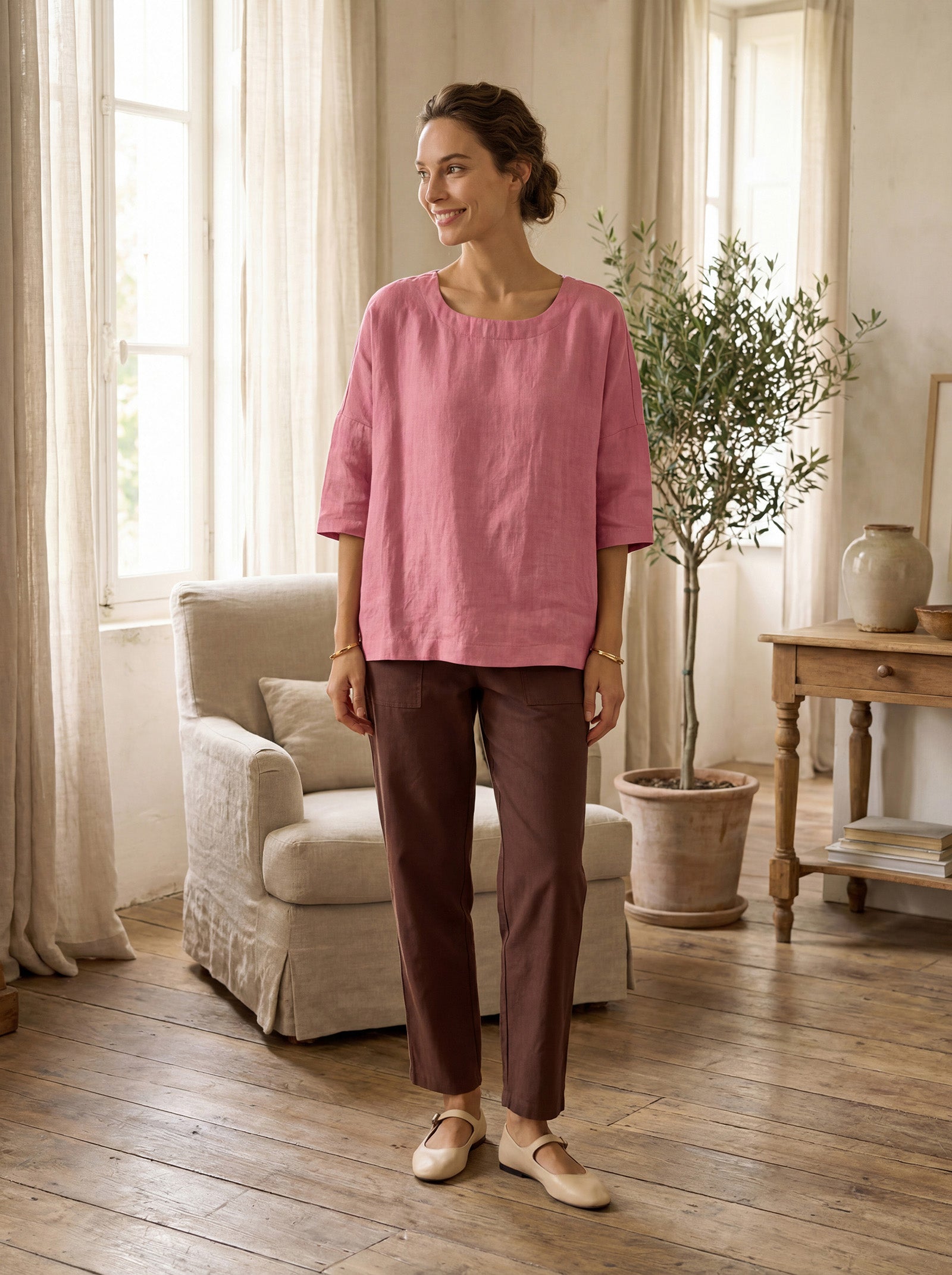 Linen Simple Button Fly Trouser Pants HEIDI-LINTICO