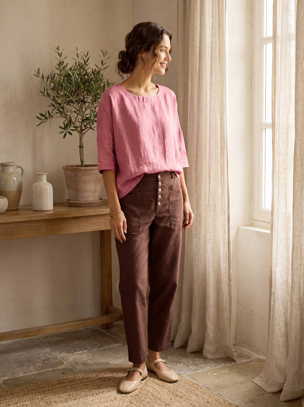 Linen Simple Button Fly Trouser Pants HEIDI-LINTICO