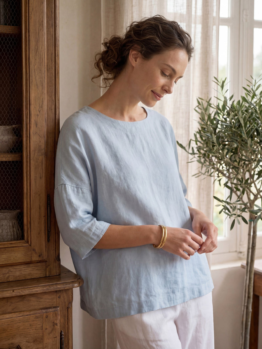 100% Linen Boatneck 3/4 Length Sleeve Top AURORA-LINTICO