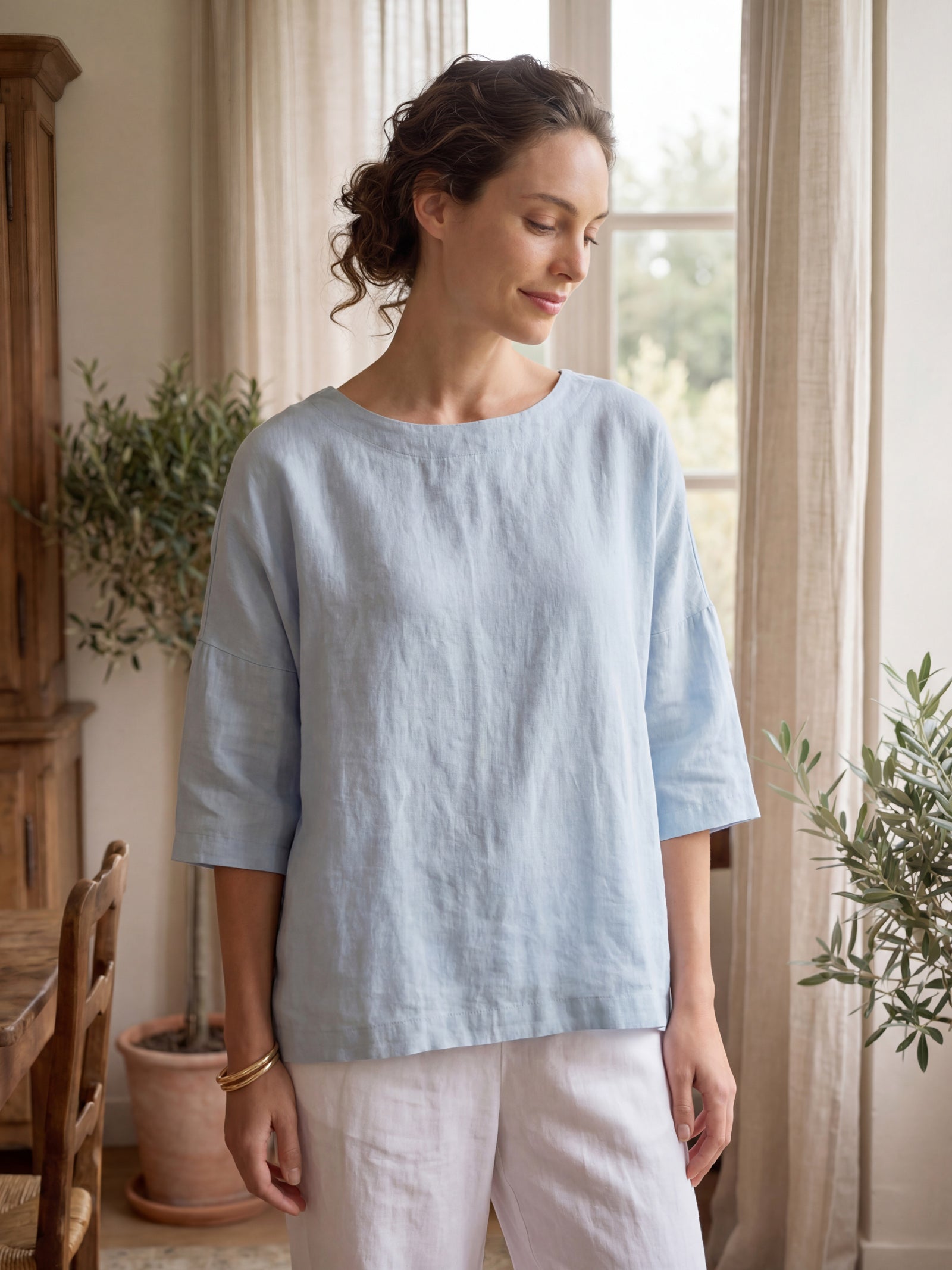 100% Linen Boatneck 3/4 Length Sleeve Top AURORA-LINTICO